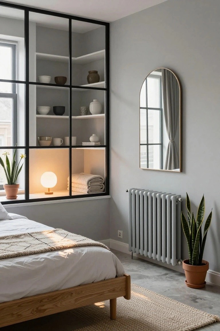 Bedroom corner with black metal-framed glass shelving unit around a window holding ceramics, plants, and a lit globe lamp, beside a bed with white sheets and woven throw, gray radiator, arched gold mirror, and potted snake plant on concrete floor.