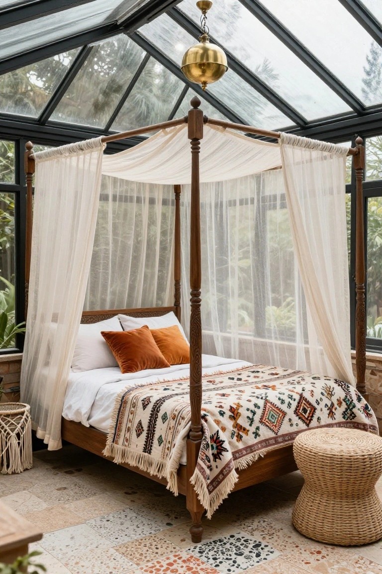 Wooden four-poster bed with sheer white canopy drapes in a glass-enclosed sunroom bedroom, white sheets with orange velvet pillows and patterned quilt, rattan stool and macrame hanger on tiled floor.