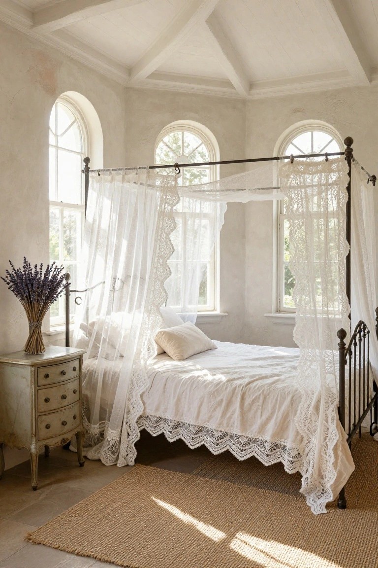White iron canopy bed with sheer lace curtains in a pale room featuring three arched windows, a distressed wood nightstand holding lavender, and a seagrass rug on the floor.