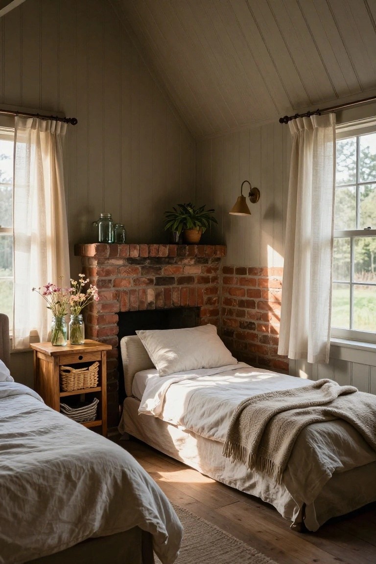 Attic bedroom with exposed brick fireplace wall, two single beds with white linens and throws, wooden side table holding mason jars of flowers, large windows with sheer curtains, potted plant on mantel, and soft sunlight streaming in.
