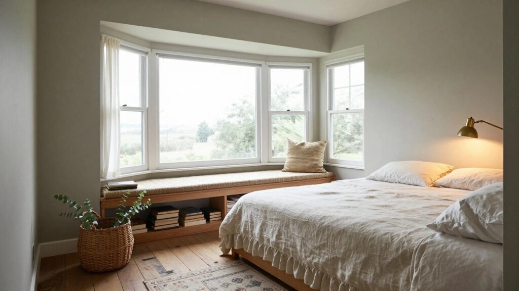 A low wooden bed with white linen bedding sits in a bay window corner of a light gray bedroom, propped on book stacks, flanked by brass lamps, seagrass pillows, a potted eucalyptus plant, and a patterned rug on hardwood floors.