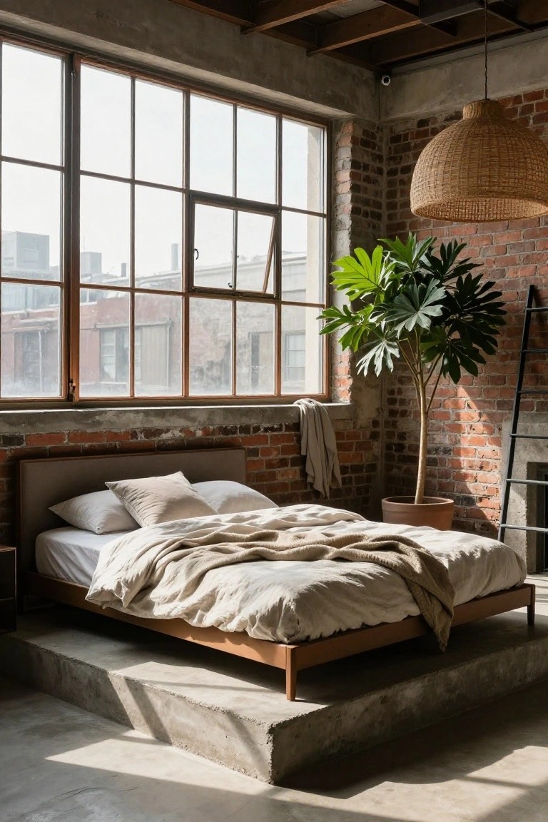 Industrial loft bedroom with a raised wooden platform bed covered in beige linens, large multi-pane windows overlooking city buildings, exposed brick walls, a tall potted plant in a terracotta pot, woven pendant light, and concrete floors.