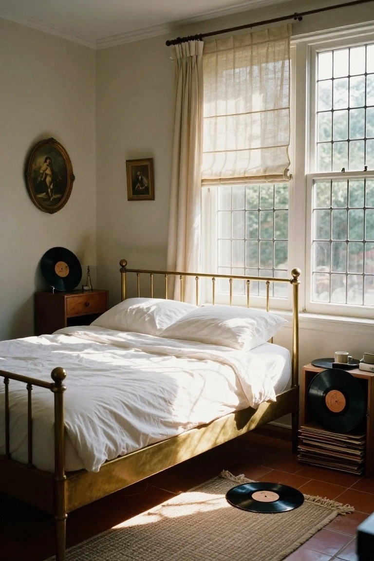 Bedroom corner with brass bed and white linens under tall leaded windows covered in sheer beige curtains, sunlight filtering through, vinyl records on wooden nightstands and terracotta tile floor with rug, oval portrait and small painting on walls.