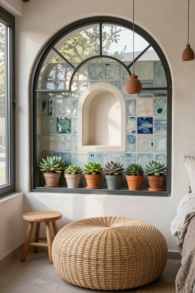Cozy interior featuring succulent plants, colorful tiles, and woven furniture.