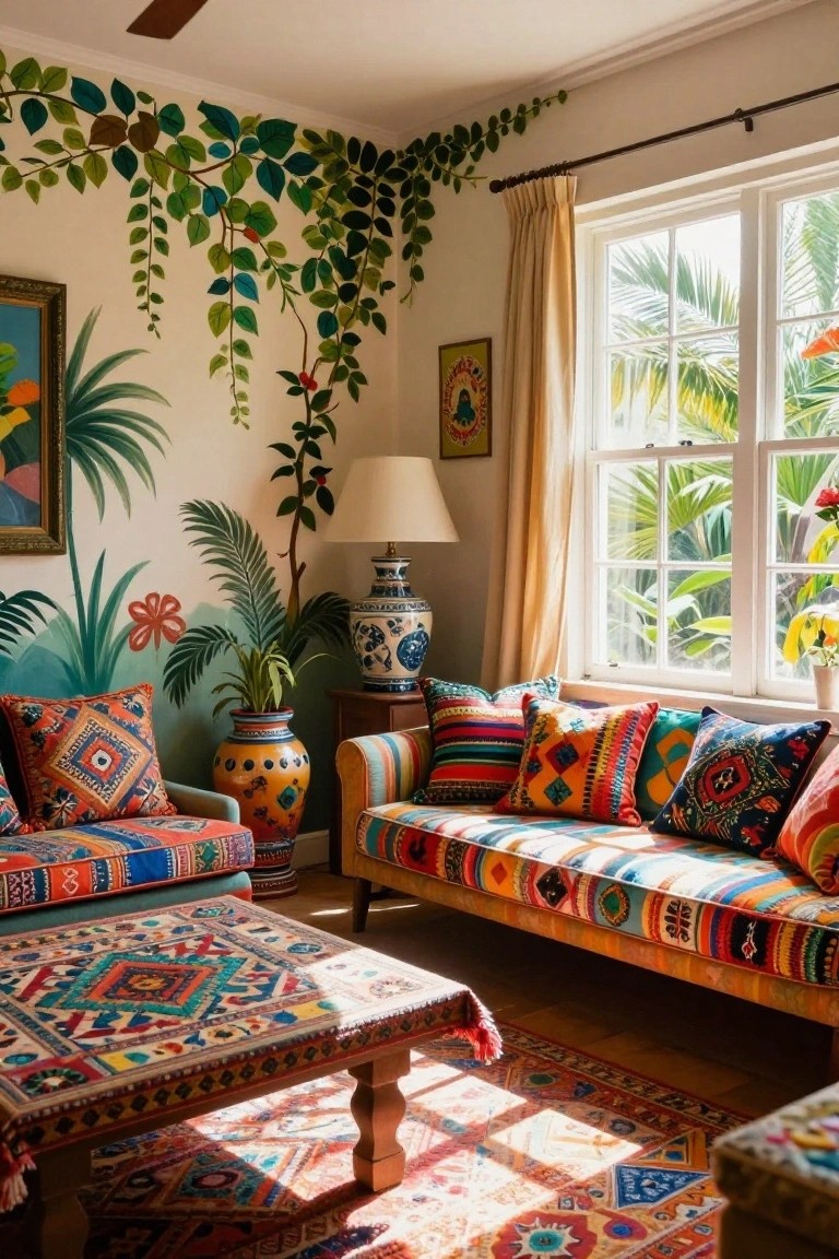 Sunlit room with tropical murals of green vines, palm trees, and flowers on cream walls, colorful patterned armchairs and mid-century sofa piled with assorted pillows, low geometric coffee table, blue and orange ceramic vases, and large curtained windows overlooking palm trees.