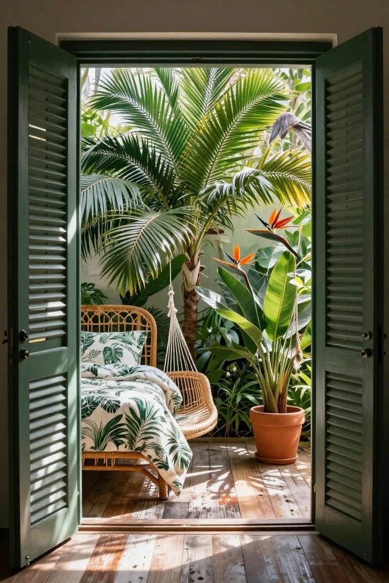 Open green louvered shutters framing a wooden deck with a rattan bed covered in white and green leaf-patterned bedding, a nearby hammock, potted plants, palm trees, and bird of paradise flowers in a tropical garden setting.