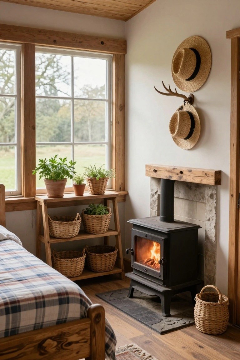 Cozy bedroom sunroom interior with a black wood-burning stove lit by fire, wooden bed with plaid bedding, ladder shelf holding basket planters, potted herbs on a windowsill shelf, straw hats on antler hooks, large windows showing green fields outside, and wood plank walls and ceiling.