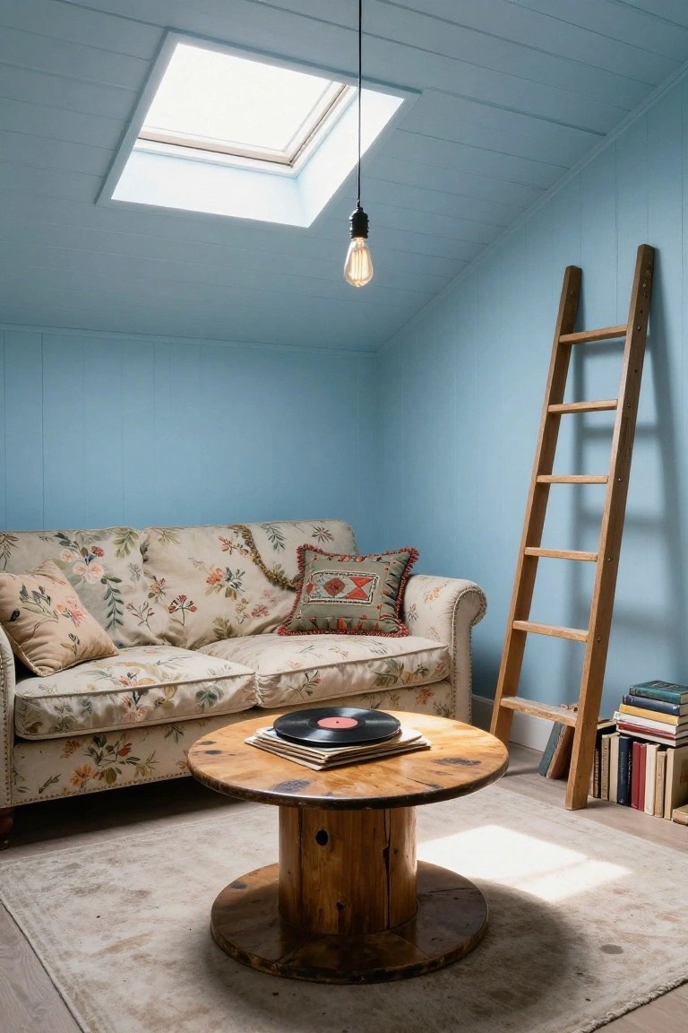 Attic room with light blue wood-paneled walls and sloped ceiling, skylight overhead, hanging bulb light, leaning wooden ladder next to bookshelves, floral sofa, wooden spool coffee table with vinyl records, and beige rug on wood floor.