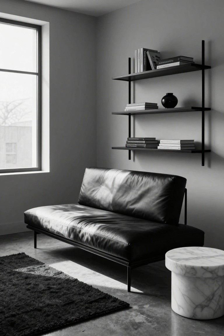 Black-and-white photo of a minimalist room corner with tall black metal wall shelves holding stacked books and a black vase, black leather sofa below, white marble drum table, black rug, concrete floor, and large window.