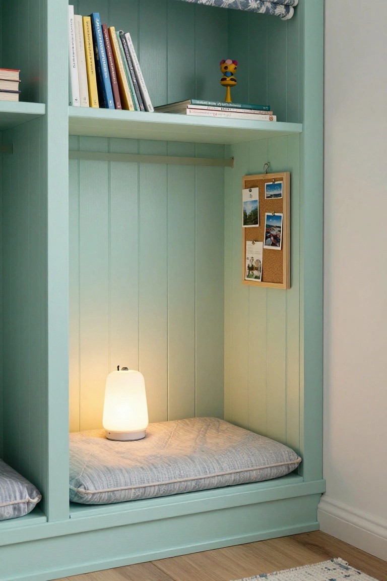 Mint green painted built-in wooden bookshelf unit with stacked books, a toy bee figure, corkboard with photos, and a lower cushioned bench seat with pillows and a glowing white lamp.
