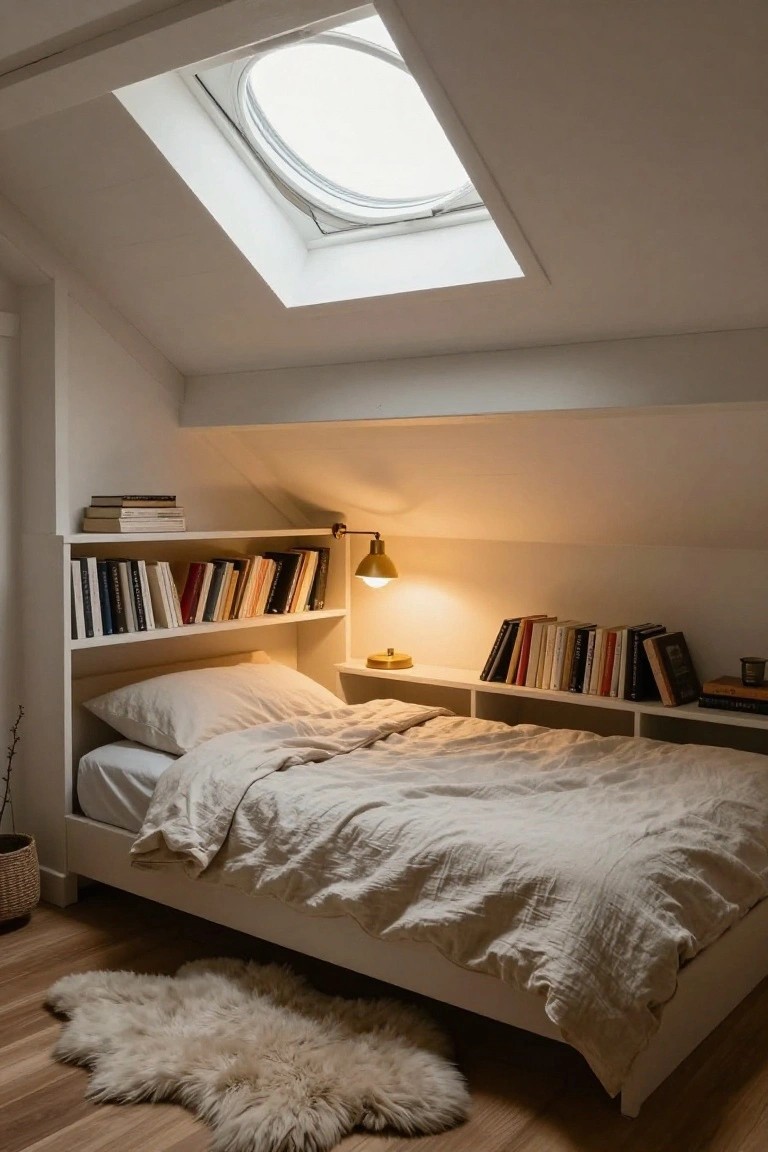 Attic bedroom with white built-in bookshelves flanking a bed under sloped ceiling, round skylight overhead, brass lamp on shelf, assorted books, beige linen bedding, potted plant, and sheepskin rug on wood floor.