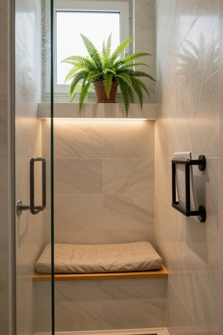 Walk-in shower enclosure with clear glass door, built-in wooden bench seat with beige cushion, potted fern plant on shelf by window, black towel holder on wall, and LED strip lighting along niche.