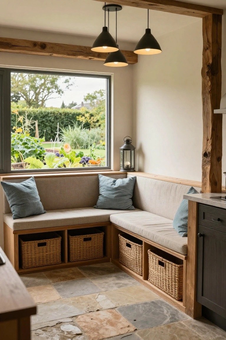Corner kitchen nook with L-shaped beige fabric bench seating under a large window showing a garden view, wicker storage baskets below the bench, black pendant lights hanging from wooden beams, and a lantern on a shelf nearby.