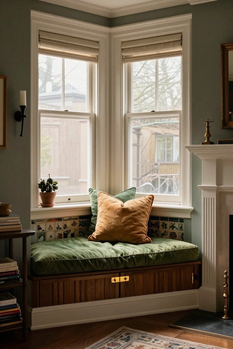 Sage green corner room with bay windows featuring roman shades, a green velvet cushioned window seat on wooden base with storage drawers next to white fireplace mantel with tiles, bookshelves, plants, and hardwood floors.