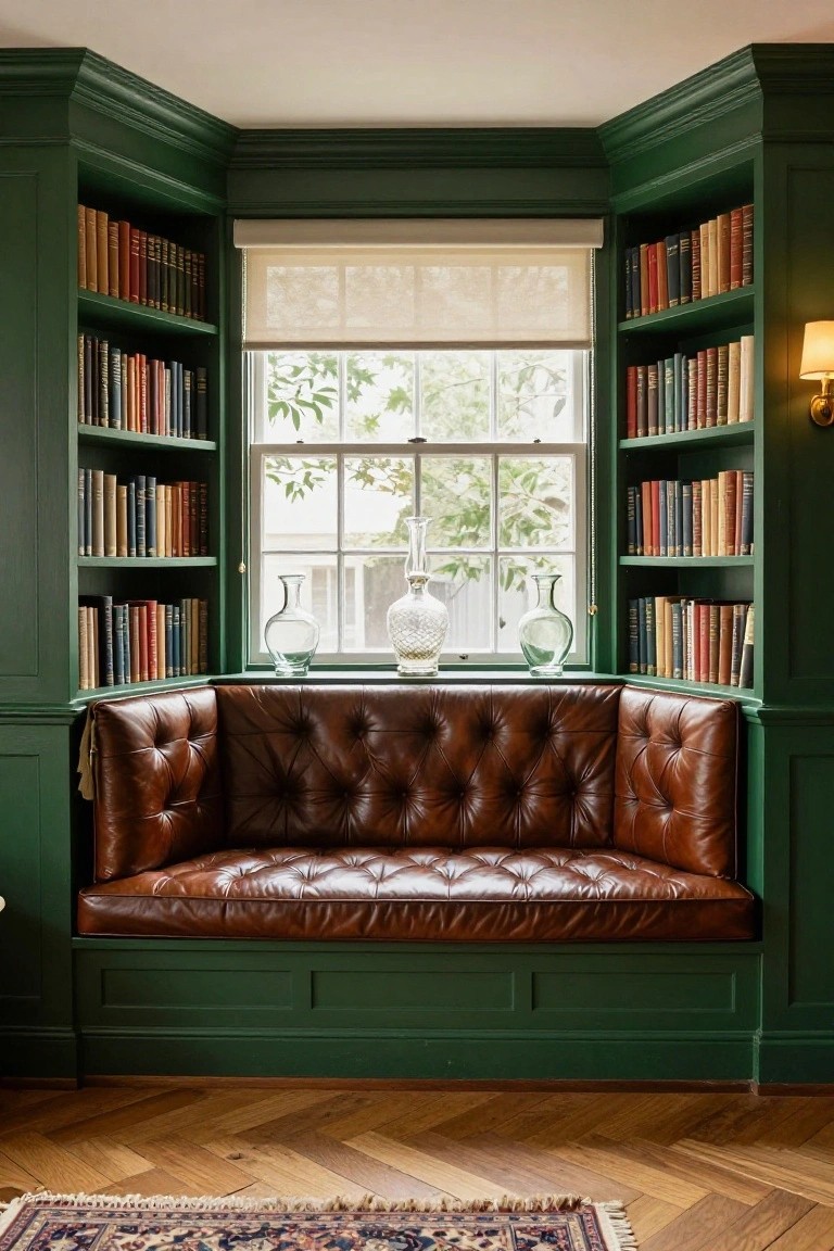 Green-painted bookshelves built into walls around a bay window with sheer shade, tufted brown leather bench seat below, glass vases on sill, lamp on shelf, and herringbone wood floor with rug.