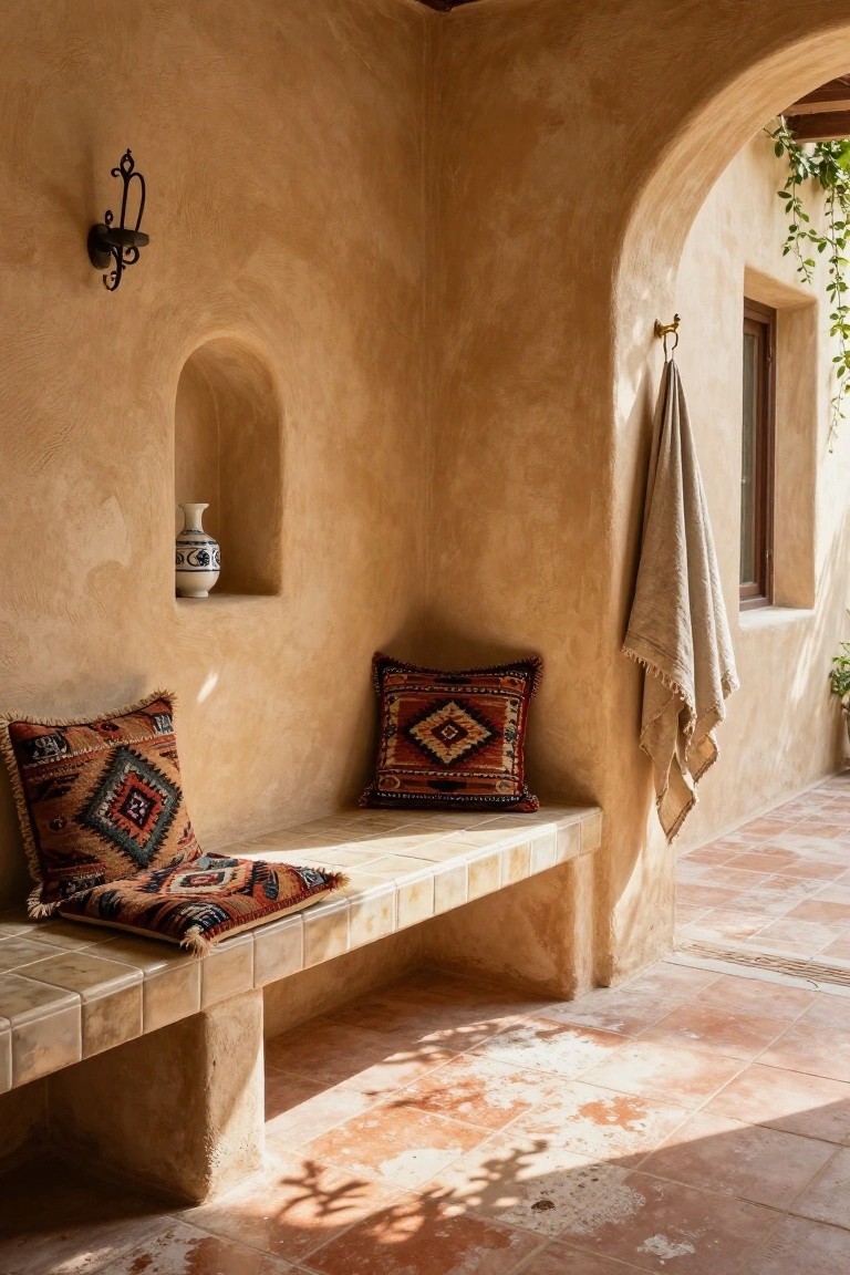 Beige stucco alcove with built-in tiled bench holding two colorful patterned pillows, a wall niche with white vase, hanging towel on hook, arched opening to outdoor terracotta tile floor, and ivy outside window.
