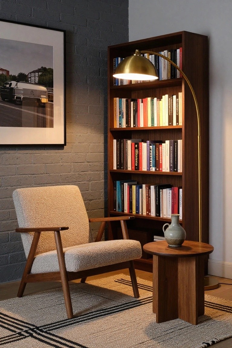 A beige bouclé armchair with wooden arms next to a tall wooden bookshelf filled with books, illuminated by a brass arc floor lamp, with a wooden side table holding a ceramic vase, exposed brick walls, and a black-and-white striped rug in a corner room.