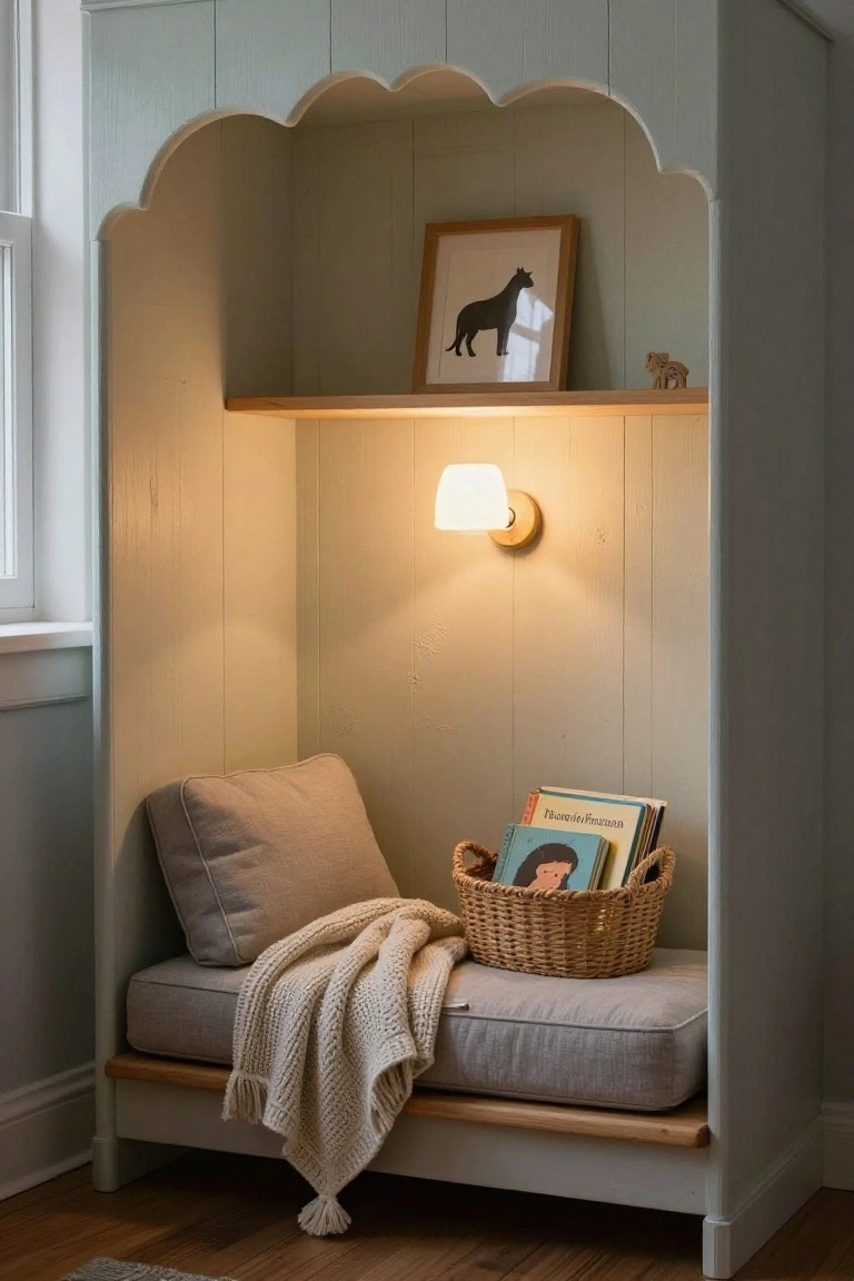 Built-in reading nook in a pale green arched alcove with wooden shelves holding a framed dog silhouette print and wooden elephant figurine, cushioned bench with beige pillow and knit throw, wicker basket of children's books, and wall-mounted white lamp.