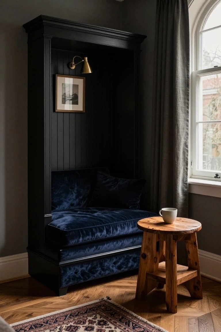 Cozy nook with dark blue velvet sofa, wooden stool, and warm lighting.