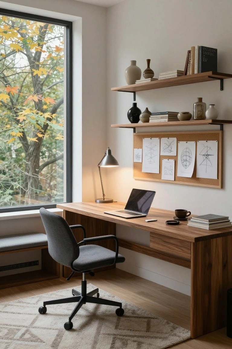 Modern home office with light wood desk and gray swivel chair positioned beside a tall black-framed window showing yellow autumn trees outside, wooden floating shelves with ceramics and books above, corkboard with sketches on the wall, and oak flooring.