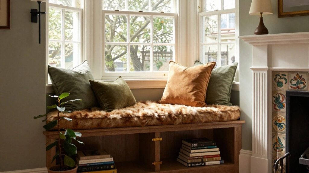 Sage green corner room with bay windows featuring roman shades, a green velvet cushioned window seat on wooden base with storage drawers next to white fireplace mantel with tiles, bookshelves, plants, and hardwood floors.