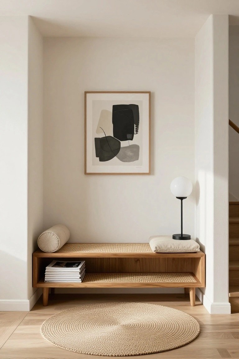 A beige rattan bench with white cushions and bolsters sits against a white wall in a light wood-floored hallway near stairs, featuring open storage with stacked magazines below, an abstract black and white artwork above, a black table lamp with white shade on the bench, and a round beige seagrass rug in front.