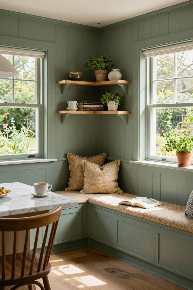 Sage green paneled kitchen corner with built-in cushioned bench under two windows, wooden shelves holding plants and books, marble countertop with fruit bowl and teacup, wooden chair nearby, and oak flooring.