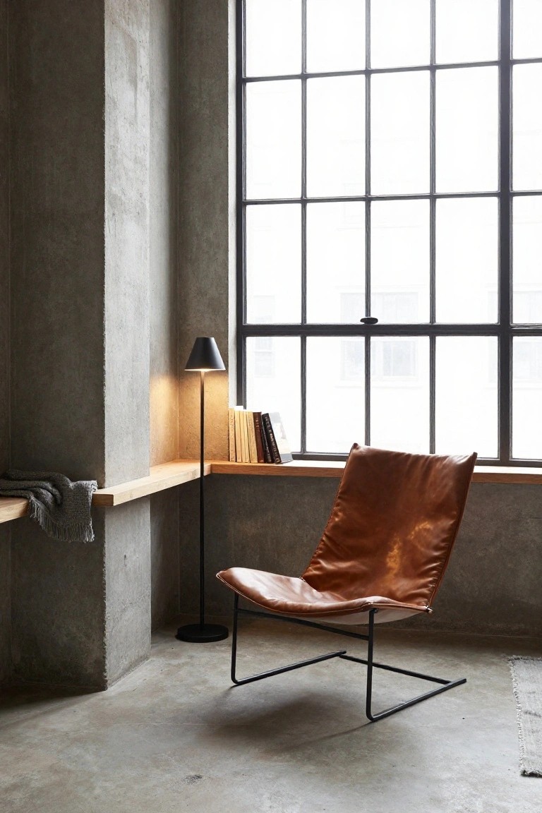Tan leather sling chair with black metal frame in a concrete-walled room by a large multi-pane window, black floor lamp lit beside it, books and gray blanket on wooden windowsill.