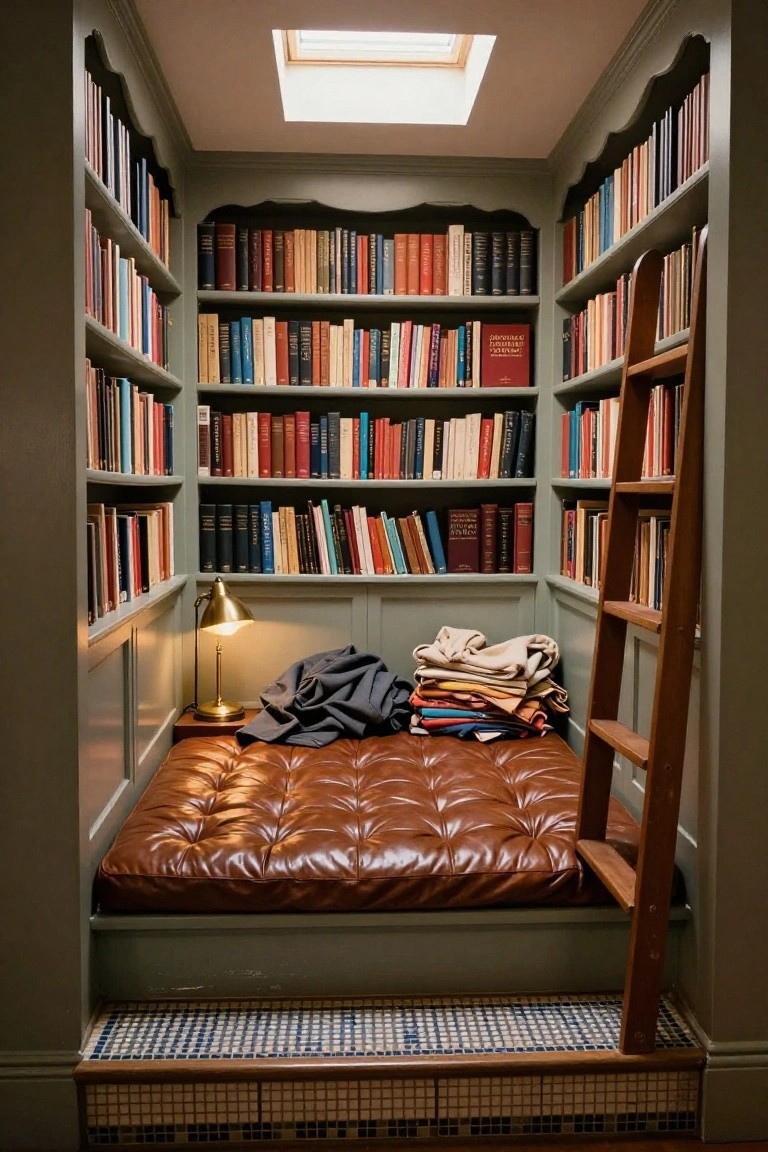 Wooden bookshelves lining a small interior nook with a brown leather mattress, wooden ladder, brass lamp, piled blankets, and skylight overhead.