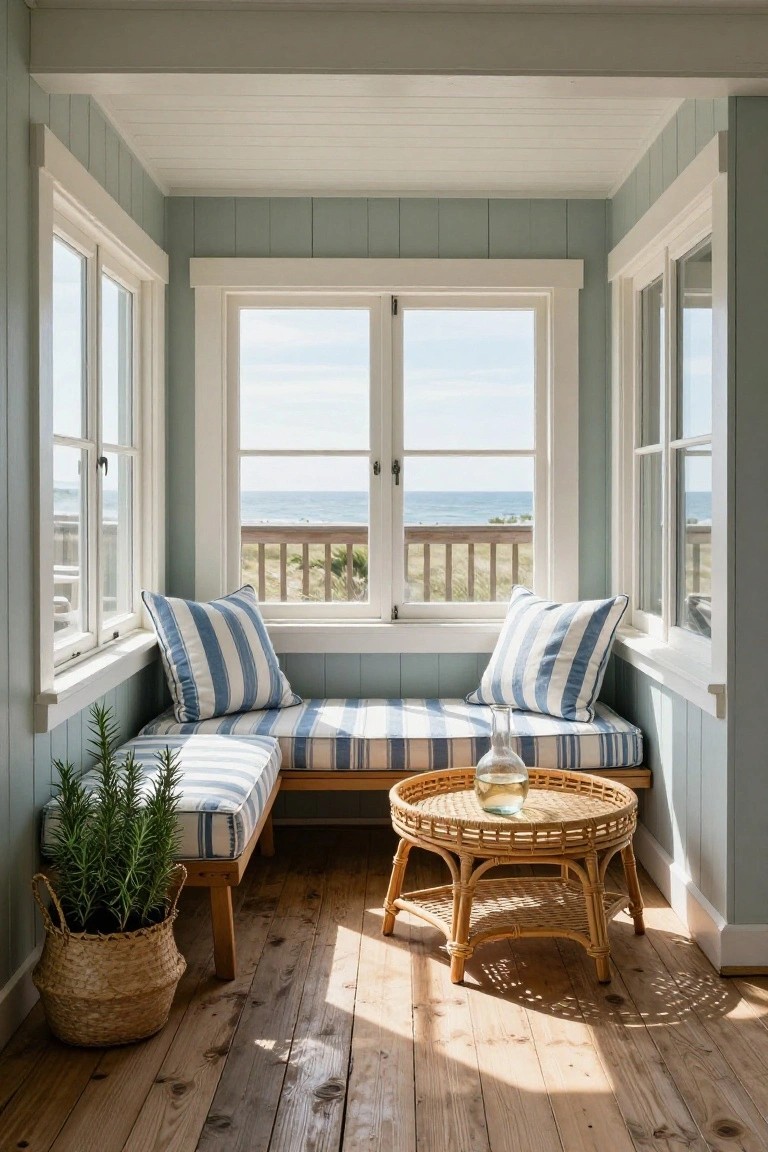Light blue shiplap-walled room with large windows overlooking ocean and dunes, featuring a built-in bench with blue and white striped cushions, rattan table holding a glass vase, and potted rosemary plant on wooden floors.