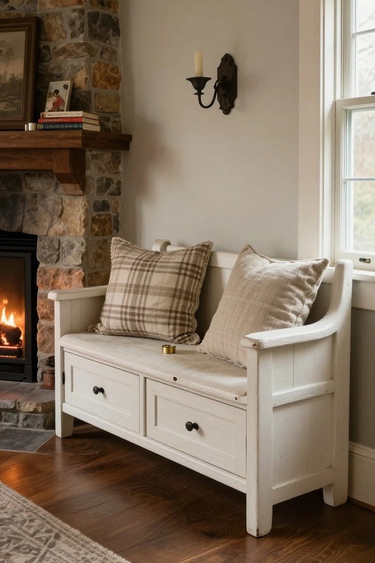 White wooden bench seat with plaid and cream pillows next to a stone fireplace with fire burning, wooden mantel holding books and candles, window beside it, hardwood floor and area rug.