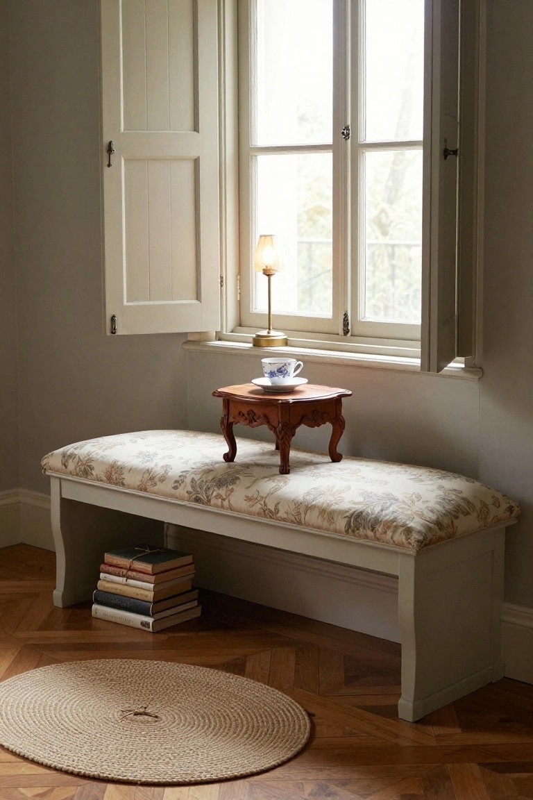 Gray upholstered bench with floral pattern sits against a wall below a tall window with open shutters, small carved wooden table with blue and white teacup on the windowsill nearby, stack of books stored underneath the bench, round seagrass rug on parquet floor.
