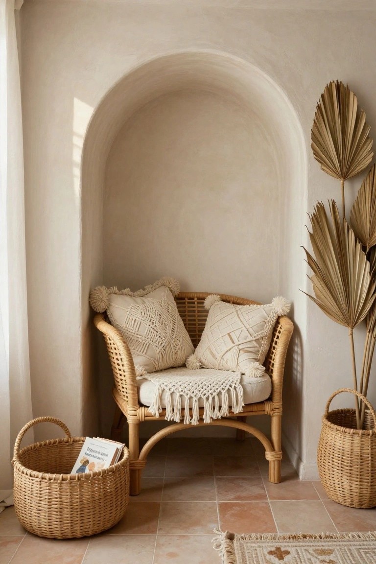 A rattan armchair with cream macrame cushions and a fringed throw sits centered in a curved white plaster archway, flanked by tall dried fan palm fronds and wicker baskets on terracotta tile flooring.