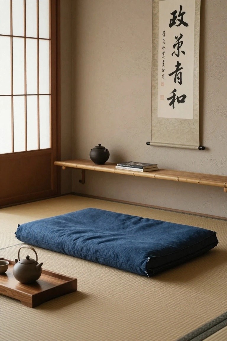 Japanese-style interior with beige tatami floor mats, navy blue folded futon mattress, wooden tray holding brown teapot and cup, black teapot on bamboo shelf, hanging white scroll, shoji screen window, and wooden sliding door.