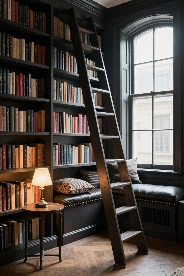 Dark wood-paneled corner library room with tall bookshelves filled with books, a sliding wooden ladder, a window seat with striped pillows on a black leather bench, a small table with lamp, and a large arched window.
