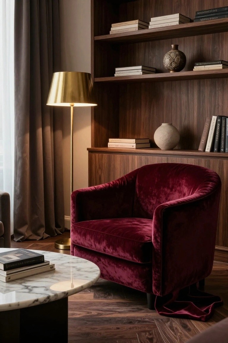 A curved burgundy velvet armchair positioned in front of wooden bookshelves filled with books and ceramic vases, next to a gold floor lamp and marble coffee table on parquet wood floors in a paneled room.