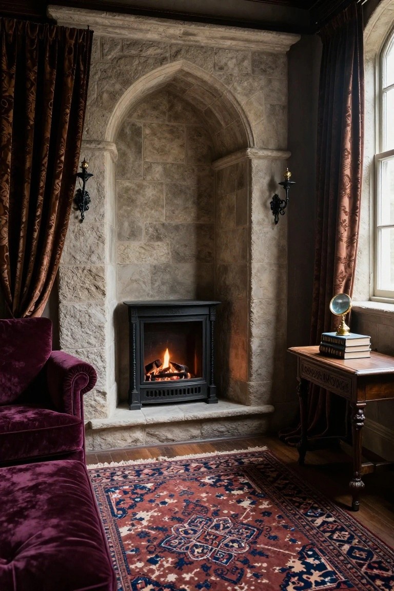 Corner of a room with a gas fireplace in a light stone arched alcove, purple velvet sofa nearby, red Persian rug on wood floor, wooden side table holding books and brass globe, tall window with bronze curtains.