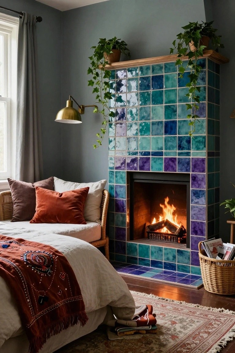 Bedroom interior with a fireplace tiled in iridescent blue, teal, and purple tiles, ivy plants draped over the wooden mantel, a wicker chair with assorted cushions next to a low bed with a patterned throw, a burning fire inside, and houseplants nearby on a wood floor with a patterned rug.