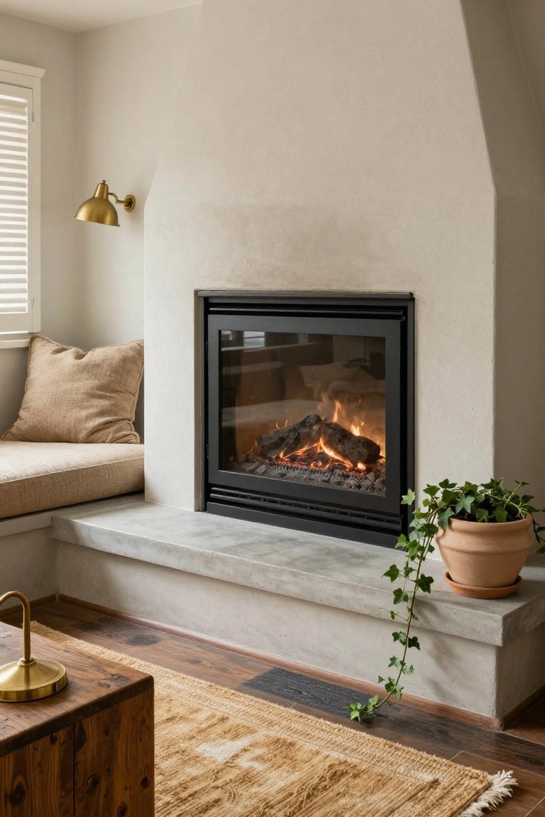 Interior view of a corner fireplace with black frame and burning logs flanked by a beige cushioned bench on a concrete hearth, ivy plant in terracotta pot, wooden side table with gold lamp, and beige rug on wood floor.