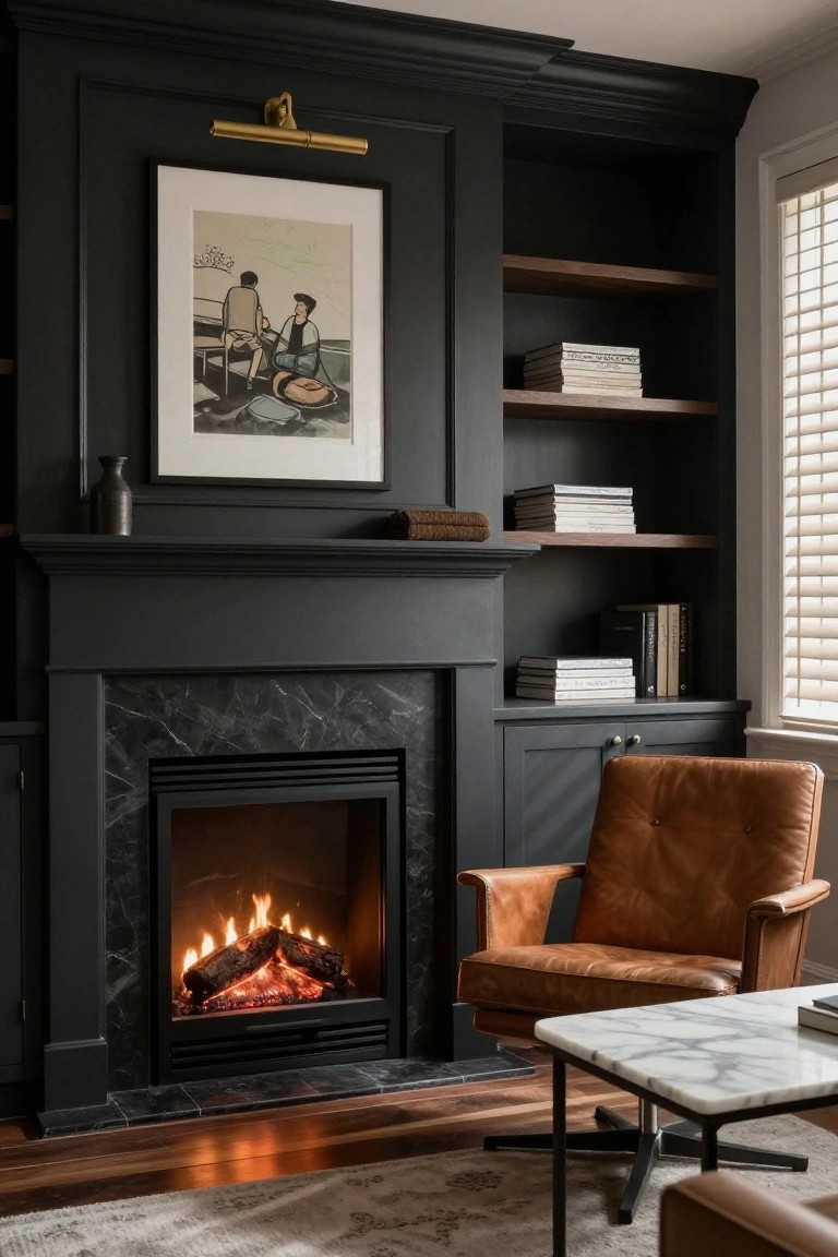 Black-trimmed fireplace with marble surround and gas flames, flanked by dark cabinets and open walnut shelves holding stacked books, tan leather armchair on swivel base next to white marble table on wood floor.