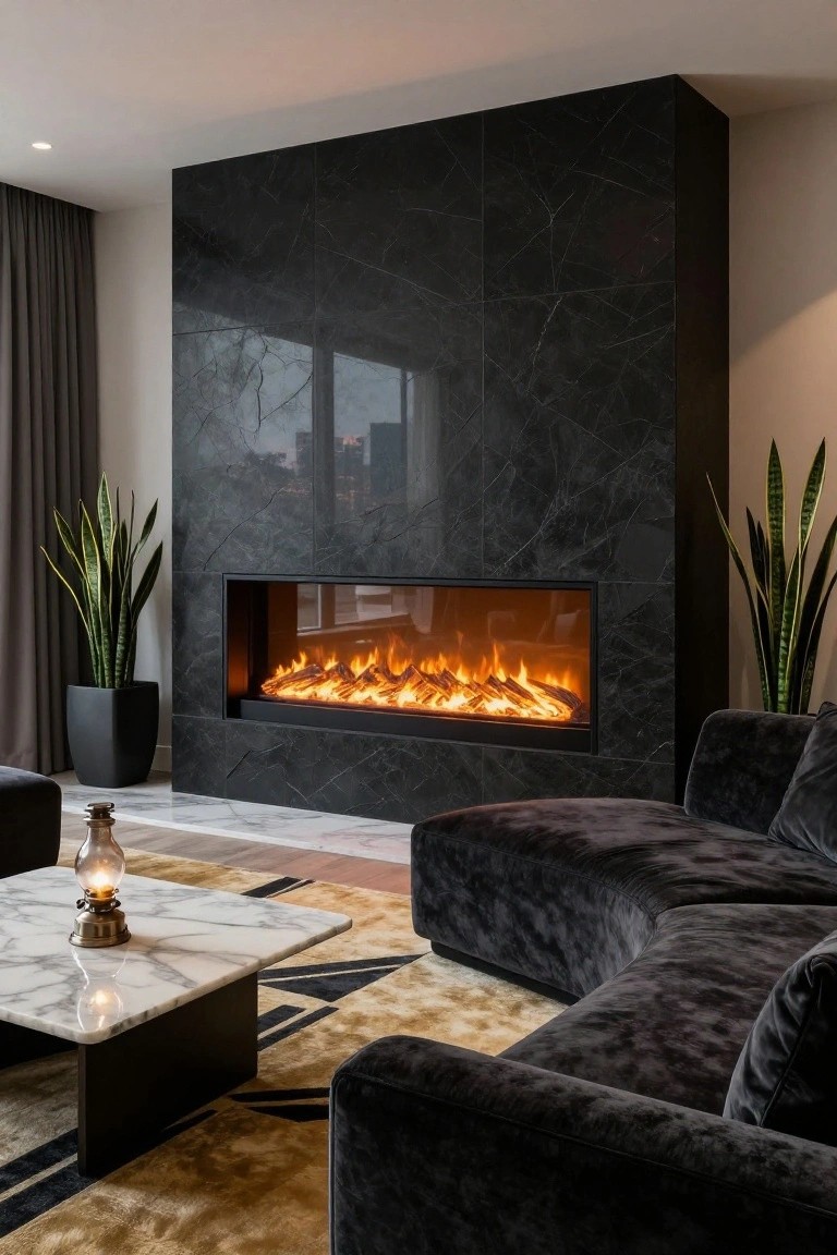 Contemporary living room with tall black marble wall around a linear fireplace with flames, two potted snake plants, low black velvet L-shaped sofa, white marble coffee table with brass lantern, and patterned rug on marble floor.