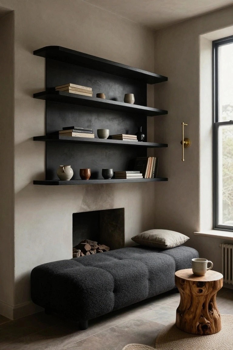 Black Shelves Beside the Fireplace