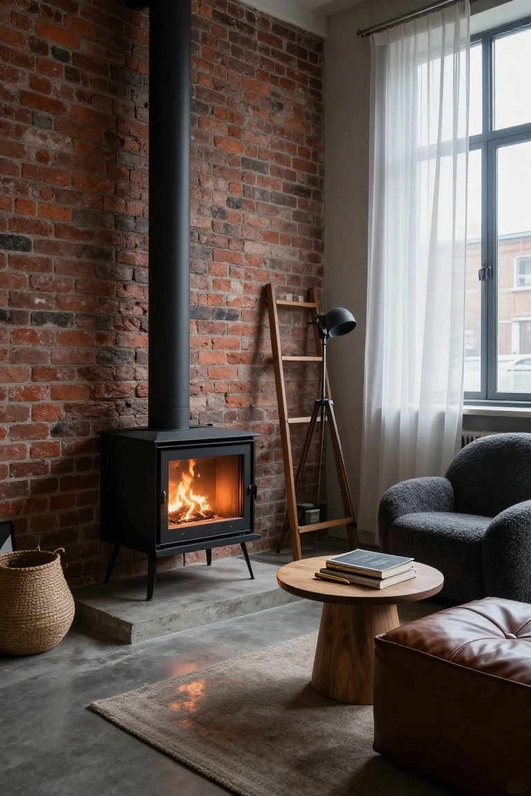 Exposed brick interior corner with black freestanding wood stove burning, gray plush armchair, wooden stool table with stacked books and pen, wooden ladder shelf with lamp, wicker basket, leather ottoman, and large window with sheer white curtains.