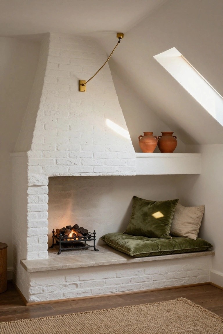 White brick fireplace with burning log fire in a black grate, built-in limestone hearth bench topped with green velvet cushion and pillows, two terracotta pots on shelf above, in attic room with skylight and wood floor.