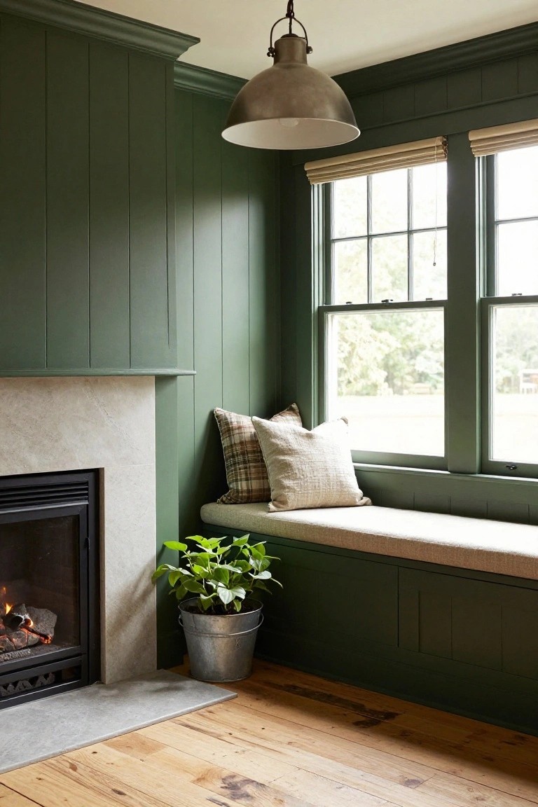 Green paneled interior corner with stone fireplace, cushioned window seat bench holding plaid and cream pillows, metal bucket plant, pendant light, rolled shades on double-hung windows, and hardwood floors.