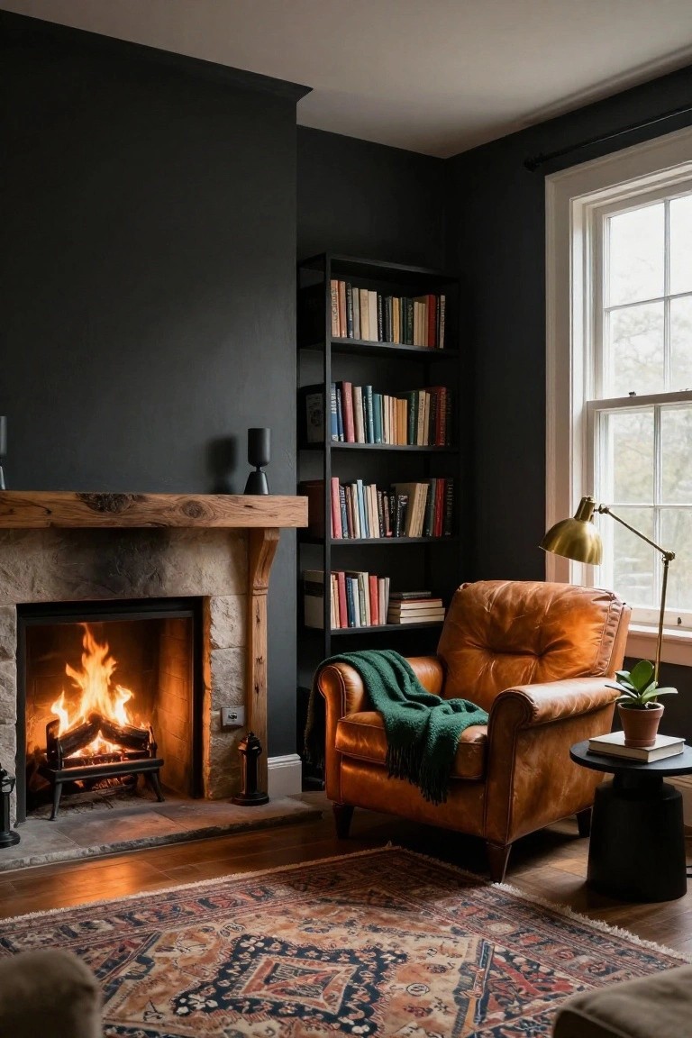 Dark-walled interior room with lit stone fireplace, tan leather tufted armchair draped in green blanket, black metal bookshelves filled with books, brass adjustable lamp, small black side table with plant and books, and patterned rug on wood floor.