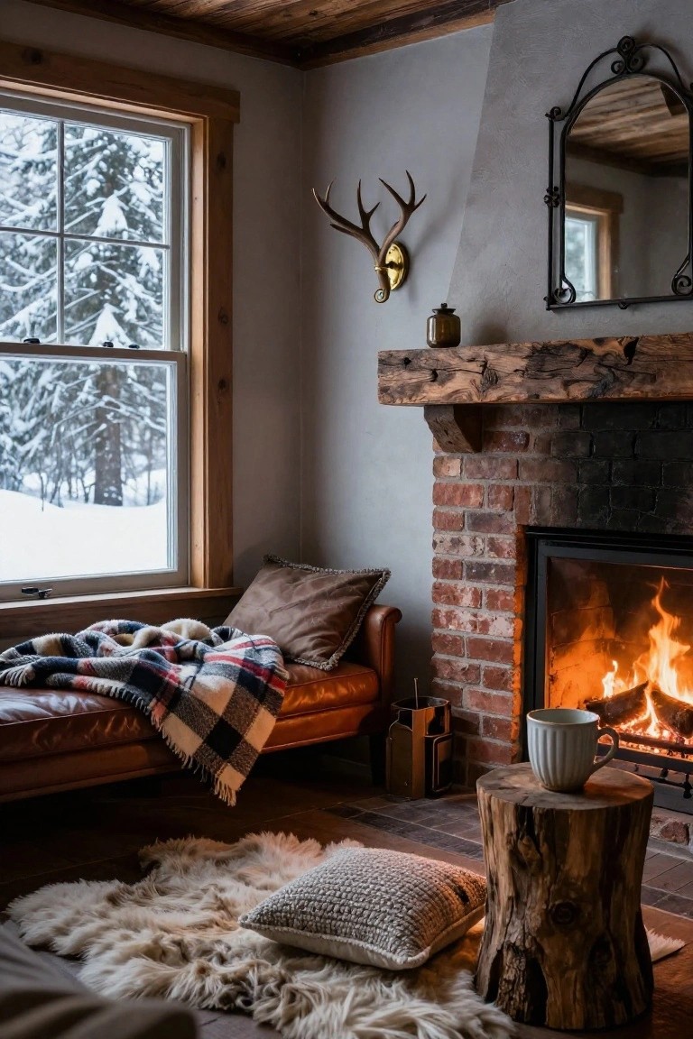 Cozy Leather Chaise by the Fireplace