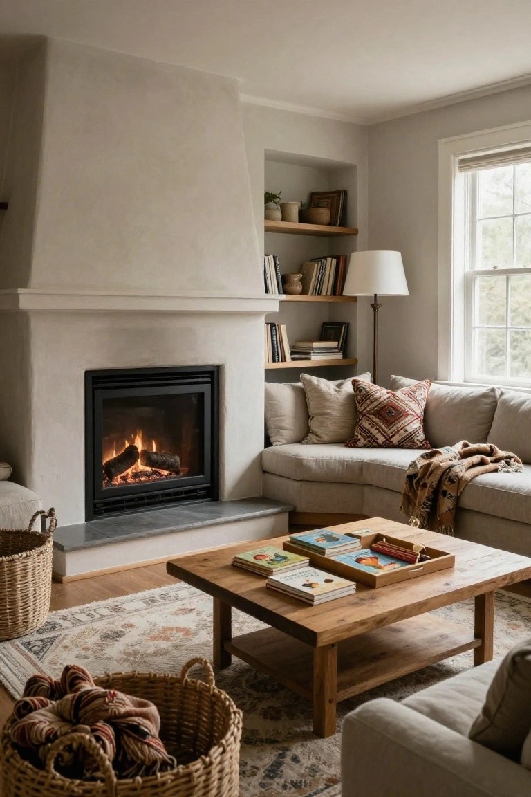 Beige living room with stucco fireplace containing burning gas logs, curved cream sofa with pillows and throw blanket draped over it, wooden coffee table with stacked children's books and wooden tray, seagrass baskets on floor, Persian-style rug, bookshelves, floor lamp, and window with shade.