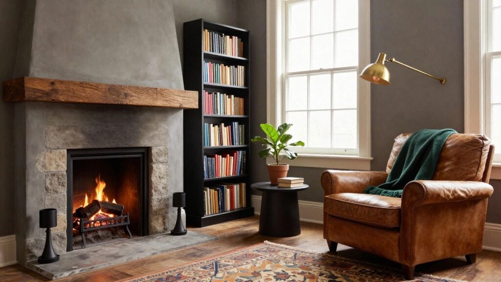 Dark-walled interior room with lit stone fireplace, tan leather tufted armchair draped in green blanket, black metal bookshelves filled with books, brass adjustable lamp, small black side table with plant and books, and patterned rug on wood floor.
