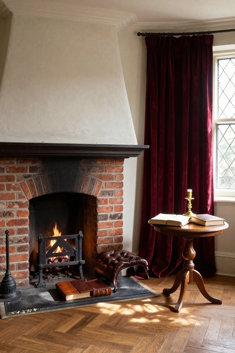 Brick arched fireplace with burning logs and fireguard, tufted brown leather ottoman in front, leather books on hearth ledge, wooden pedestal table holding open book and candlestick nearby, red velvet curtains on leaded window, and herringbone oak floor in a corner room.